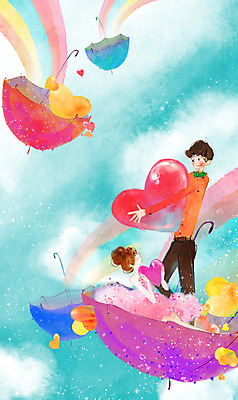 PSD 커플 여자 남자 무지개 데이트 일러스트 우산 하늘 함께함 사랑 서기 사람 앉기 동양인 상반신 20대 성인 두명 하트 비행 승차 담기 청년만 성인만 국내일러스트 자연요소 모양 감정 컨셉 관계 모션 인종 청년 파일형식