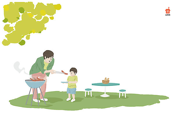 전신 나무 식물 라이프스타일 접시 남자 아들 어린이 음식 빵 의자 일러스트 가족 탁자 함께함 집게 서기 들기 사람 소년 잔디 성인 두명 라이프 바구니 화목 자녀 가족라이프 소시지 아빠 그릴 바비큐 바베큐파티 남자만 국내일러스트 AI파일 식기 가구 컨셉 관계 모션 주방용품 생활 파티 가공식품 파일형식 벡터