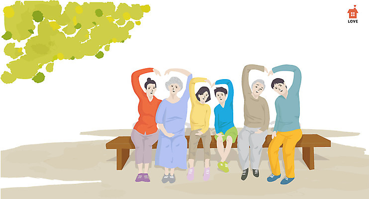전신 나무 식물 라이프스타일 여자 할아버지 남자 딸 아들 할머니 어린이 벤치 의자 일러스트 가족 엄마 휴식 함께함 사람 앉기 손짓 소녀 소년 여러명 성인 라이프 손들기 화목 자녀 하트 가족라이프 아빠 국내일러스트 AI파일 모양 노년 가구 다수 컨셉 관계 모션 생활 파일형식 벡터