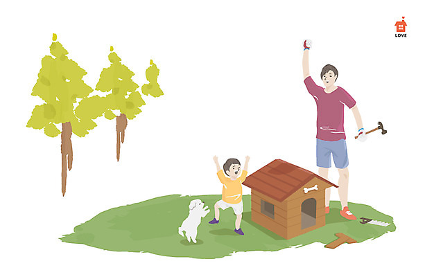 전신 나무 식물 동물 라이프스타일 남자 아들 어린이 일러스트 가족 함께함 서기 웃음 들기 사람 잔디 성인 두명 라이프 손들기 화목 자녀 공구 가족라이프 아빠 강아지 망치 나무판자 톱 개집 남자만 국내일러스트 AI파일 컨셉 관계 모션 표정 생활 목재 반려동물 도구 개 애견용품 파일형식 벡터