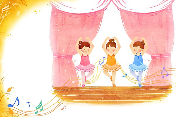 전신 PSD 여자 어린이라이프 문화 어린이 예술 포즈 음표 일러스트 문화예술 서기 사람 소녀 세명 손들기 무대 춤 커튼 발레 즐거움 발레리나 발레복 다리들기 여자만 어린이만 소녀만 국내일러스트 라이프스타일 기호 옷 감정 음악 모션 파일형식