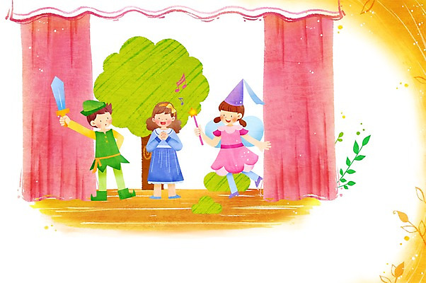 전신 PSD 나무 식물 여자 남자 어린이라이프 문화 어린이 예술 일러스트 놀이 문화예술 천사 요정 서기 들기 사람 소녀 소년 세명 공연 무대 커튼 풀 칼 즐거움 연극 피터팬 어린이만 국내일러스트 라이프스타일 감정 모션 동화 이벤트 파일형식