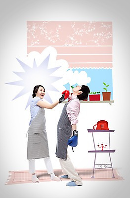 전신 PSD 편집 편집이미지 부부 커플 여자 남자 거실 신혼부부 포토일러 남편 슬리퍼 주택 서기 미소 웃음 사람 동양인 20대 성인 두명 청춘 앞치마 경쟁 권투 한국인 글러브 아내 권투글러브 펀치 싸움 부부싸움 승 승자 청년만 성인만 이미지편집 스포츠용품 장갑 신발 컨셉 관계 모션 표정 인종 청년 건물 격투기 신혼 파일형식