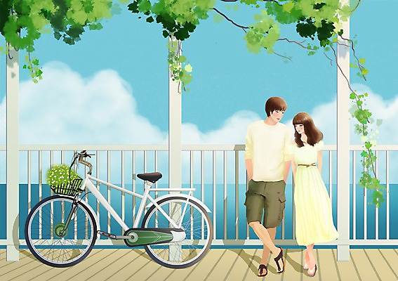 전신 PSD 나무 식물 커플 여자 남자 행복 여유 교통수단 바다 커플라이프 데이트 일러스트 사랑 서기 사람 성인 두명 울타리 소풍 자전거 기댐 산책 기둥 성인만 국내일러스트 라이프스타일 건축 감정 교통 관계 모션 휴식 담장 야외활동 바이크 파일형식