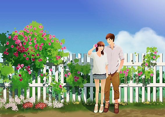 전신 PSD 식물 구름 커플 여자 남자 꽃 행복 여유 커플라이프 꽃밭 데이트 일러스트 하늘 사랑 서기 사람 성인 두명 울타리 장미 소풍 산책 풀 성인만 국내일러스트 자연요소 라이프스타일 감정 관계 모션 휴식 담장 야외활동 파일형식