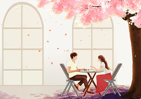 전신 PSD 나무 식물 커플 계절 여자 남자 꽃잎 행복 여유 커플라이프 의자 데이트 일러스트 창문 놀이 탁자 날리기 휴식 사랑 사람 앉기 성인 두명 봄 카페 체스 벚나무 성인만 국내일러스트 라이프스타일 꽃 감정 가구 컨셉 관계 모션 상점 벚꽃 파일형식