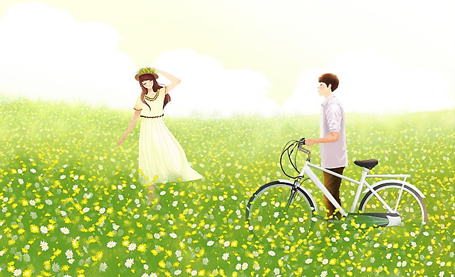 전신 PSD 식물 모자 커플 여자 남자 꽃 행복 여유 교통수단 컬러 커플라이프 꽃밭 데이트 일러스트 사랑 서기 사람 성인 두명 소풍 노란색 자전거 산책 성인만 국내일러스트 라이프스타일 잡화 감정 교통 관계 모션 휴식 야외활동 바이크 파일형식