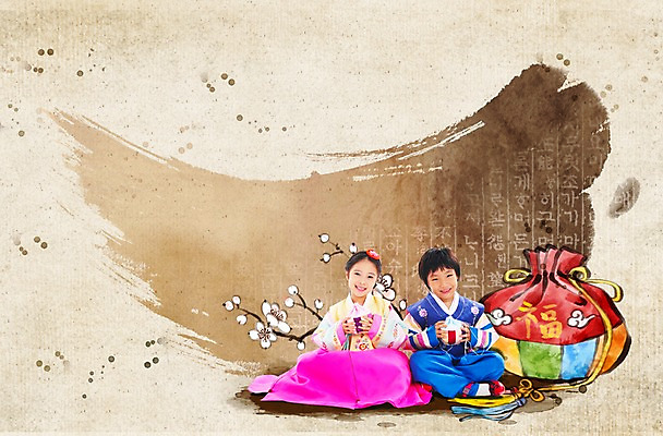 PSD 편집 편집이미지 한국전통 여자 명절 남자 어린이 캘리편집 캘리그라피 붓터치 새해 복주머니 미소 웃음 들기 사람 앉기 동양인 소녀 소년 두명 설날 유치원생 한국인 전통의상 한복 오브젝트 고무신 꽃신 어린이만 이미지편집 전통 기념일 신발 모션 전통소품 한국 표정 인종 파일형식