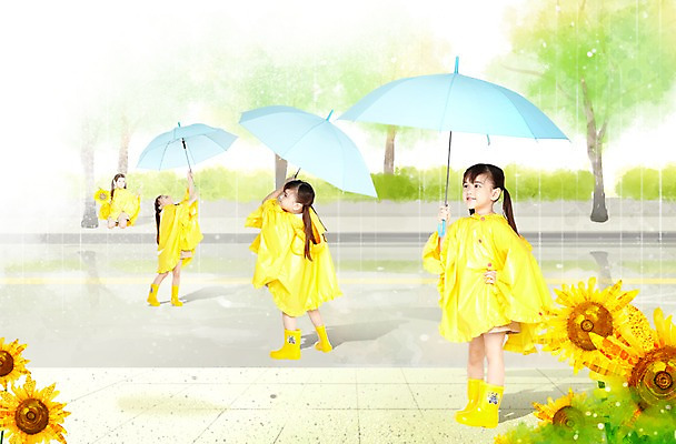 전신 PSD 편집이미지 여자 꽃 도로 어린이 포즈 우산 장난 모션 놀이 포토일러 해바라기 장화 서기 미소 웃음 들기 사람 소녀 여러명 노란색 유치원생 다양 우비 장마 멀티 멀티태스크 여자만 어린이만 소녀만 이미지편집 식물 옷 길 컬러 다수 신발 교통시설 표정 비_날씨 파일형식
