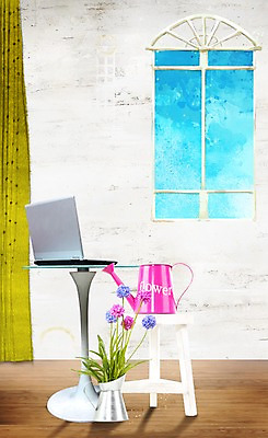 PSD 편집이미지 의자 창문 탁자 포토일러 사람없음 노트북 인테리어 꽃병 물뿌리개 커튼 이미지편집 디자인 꽃 가구 전자제품 파일형식