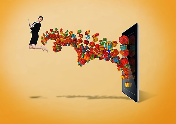 전신 PSD 외국인 편집 편집이미지 우먼라이프 라이프스타일 여자 선물 한명 웃음 사람 동양인 이벤트 성인 선물상자 쇼핑 태블릿 점프 여자만 여자한명만 성인여자만 성인만 이미지편집 1 모션 표정 인종 생활 전자제품 스마트기기 상자 파일형식