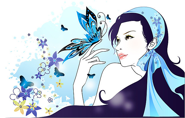 식물 동물 한마리 우먼라이프 라이프스타일 여자 꽃 나비 곤충 일러스트 두건 한명 사람 상반신 성인 라이프 뷰티 청순 여자만 여자한명만 성인여자만 성인만 국내일러스트 AI파일 1 컨셉 생활 파일형식 벡터