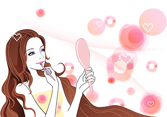 우먼라이프 라이프스타일 여자 일러스트 한명 웃음 들기 사람 상반신 성인 라이프 뷰티 화장품 거울 립스틱 화장용품 하트 붓 청순 여자만 여자한명만 성인여자만 성인만 국내일러스트 AI파일 모양 1 컨셉 모션 표정 생활 미용용품 파일형식 벡터