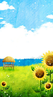 PSD 식물 구름 계절 꽃 바다 백그라운드 일러스트 자연 하늘 해바라기 풍경 초원 사람없음 여름 여름풍경 풀 오두막 시원함 국내일러스트 자연요소 생태계 파일형식 여름_계절