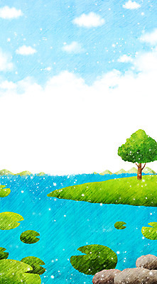 PSD 나무 식물 구름 계절 백그라운드 일러스트 자연 하늘 풍경 사람없음 여름 여름풍경 돌_바위 바위 연못 시원함 연잎 국내일러스트 자연요소 잎 생태계 파일형식 여름_계절