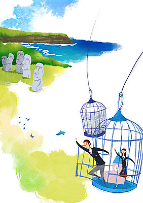 전신 PSD 나무 식물 동물 구름 학생 여학생 여자 남자 교복 남학생 바다 섬 일러스트 학교 조류 하늘 휴가 휴식 서기 사람 두명 조각상 자유 탈출 새장 일상탈출 국내일러스트 자연요소 옷 교육 컨셉 모션 조형물 케이지 파일형식