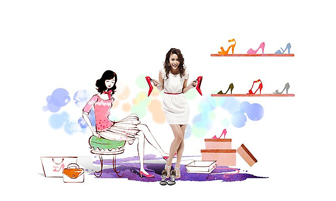 전신 PSD 외국인 편집 편집이미지 우먼라이프 라이프스타일 여자 구두 신발 의자 가방 포토일러 선반 서기 미소 웃음 들기 사람 앉기 20대 성인 두명 라이프 쇼핑 상자 전시 신발가게 여자만 성인여자만 청년만 청년여자만 성인만 이미지편집 잡화 가구 모션 표정 인종 청년 생활 상점 파일형식