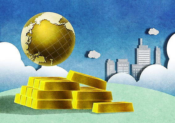 PSD 구름 건축물 지구 백그라운드 일러스트 비즈니스 하늘 빌딩 사람없음 건물 금융 경제 지구본 황금 금괴 국내일러스트 자연요소 건축 파일형식