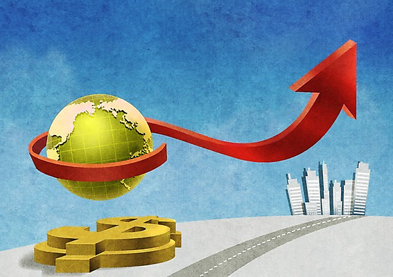 PSD 건축물 기호 화살표 도로 길 지구 백그라운드 일러스트 비즈니스 하늘 빌딩 사람없음 건물 금융 경제 지구본 달러 화폐기호 상승 국내일러스트 문자 건축 컨셉 돈 교통시설 화폐 파일형식