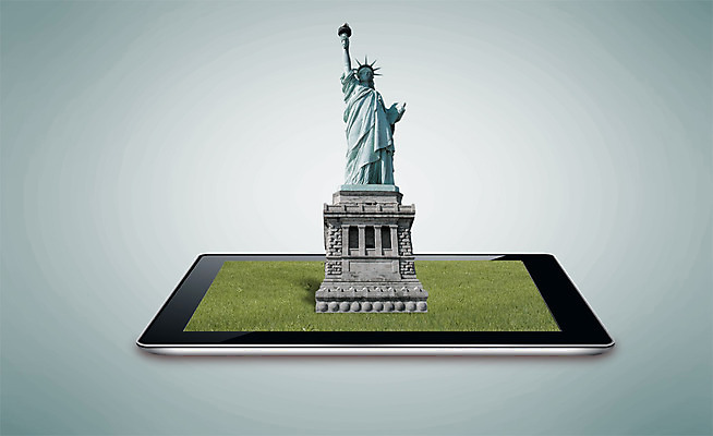 PSD 편집 편집이미지 정보기술 사람없음 전자제품 스마트기기 태블릿 동상 조각상 디지털 자유의여신상 패드 이미지편집 기술 조형물 미국 세계문화유산 기념물 파일형식