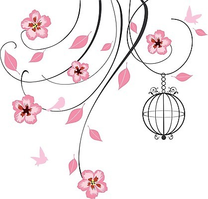 EPS 해외이미지 꽃 실루엣 분홍색 잎 일러스트 조류 매달리기 사람없음 나뭇가지 새장 해외일러스트 나무 식물 동물 컬러 모션 촬영기법 케이지 파일형식 벡터 이미지허브