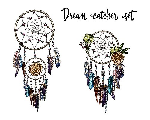 EPS 해외이미지 전통 꽃 일러스트 사람없음 장식 꿈 구슬 깃털 부적 드림캐쳐 해외202004 해외일러스트 식물 파일형식 벡터 이미지허브