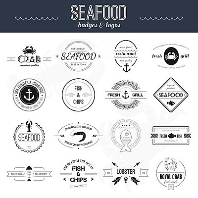 EPS 해외이미지 스티커 일러스트 어류 사람없음 세트 라벨 게 빈티지 가재 해산물 닻 해외202004 해외일러스트 컨셉 프레임 갑각류 수중동물 파일형식 벡터 이미지허브