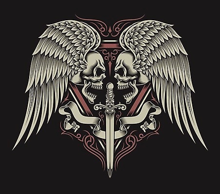 EPS 해외이미지 클립아트 디자인 리본 날개 일러스트 골격 장식 머리 수확 죽음 화려 칼 문신 심볼 복고 부족 단검 휘장 해골모형 해외202004 해외일러스트 무기 컨셉 농업 신체부위 모형 검 파일형식 벡터 이미지허브