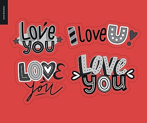 EPS 해외이미지 스티커 일러스트 사랑 타이포그라피 사람없음 빨간색 세트 라벨 하트 해외202004 해외일러스트 모양 문자 감정 컬러 프레임 파일형식 벡터 이미지허브