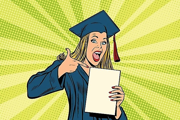 EPS 해외이미지 응시 여자 일러스트 학사모 졸업 한명 들기 사람 성인 가리킴 졸업가운 졸업장 보여주기 카툰스타일 성인여자한명만 해외202004 해외일러스트 모자_잡화 1 시선 교육 모션 손짓 가운 여자한명만 성인여자만 파일형식 벡터 이미지허브