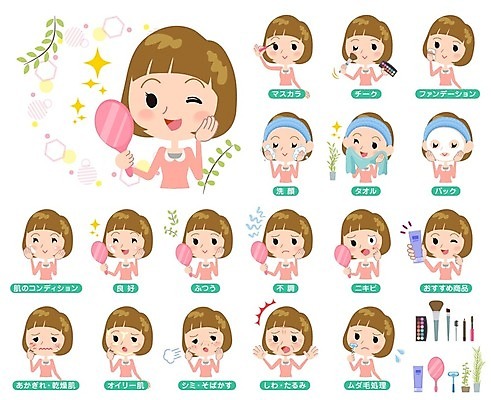 EPS 해외이미지 여자 일러스트 미소 여러명 상반신 성인 화장 뷰티 주름 피부관리 면도 스킨케어 마스크팩 세안제 성인여자만 해외202004 해외일러스트 다수 모션 표정 사람 팩 세안용품 여자만 성인만 파일형식 벡터 이미지허브