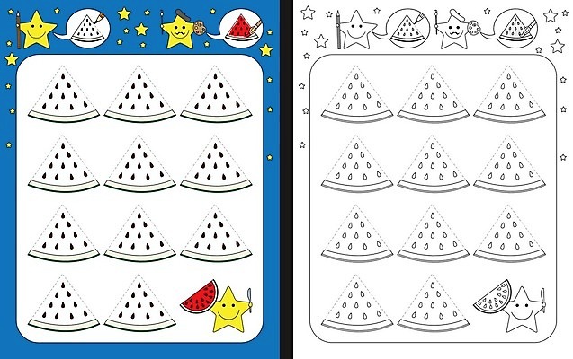 EPS 해외이미지 교육 별 선 조각 과일 일러스트 학교 수박 검은색 유치원 흰색 가르침 만화 연습 속도 그림 윤곽 시트 마무리 해외202004 해외일러스트 자연요소 컬러 파일형식 벡터 이미지허브