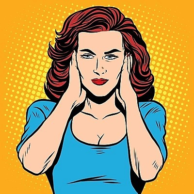 EPS 해외이미지 여자 일러스트 한명 상반신 성인 찡그림 귀막기 복고 팝아트 카툰스타일 성인여자한명만 해외202004 하프톤 해외일러스트 1 컬러 표정 사람 손짓 그림 여자한명만 성인여자만 파일형식 벡터 이미지허브