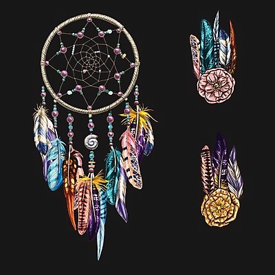 EPS 해외이미지 전통 꽃 일러스트 사람없음 장식 꿈 깃털 부적 드림캐쳐 해외202004 해외일러스트 식물 파일형식 벡터 이미지허브