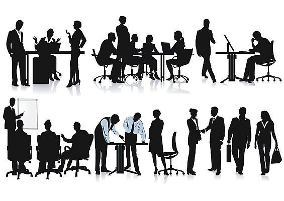 EPS 해외이미지 여자 남자 실루엣 일러스트 회사 비즈니스 회의 악수 직장 사람 여러명 사무실 검은색 비즈니스맨 비즈니스우먼 직원 경영자 해외202004 해외일러스트 컬러 다수 촬영기법 손짓 직장인 리더 파일형식 벡터 이미지허브
