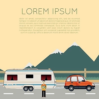 EPS 해외이미지 전신 남자 도로 지도 일러스트 산 한명 서기 성인 노란색 캠핑 카라반 성인남자한명만 해외202004 해외일러스트 1 길 컬러 교통시설 모션 레저 사람 캠핑카 남자한명만 성인남자만 파일형식 벡터 이미지허브