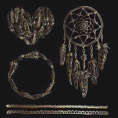 EPS 해외이미지 전통 일러스트 사람없음 장식 검은색 꿈 금색 깃털 부적 드림캐쳐 해외202004 해외일러스트 컬러 파일형식 벡터 이미지허브