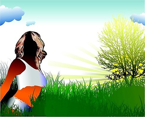 EPS 해외이미지 나무 구름 일러스트 하늘 아침 초록색 여름 태양 마을 일출 해외202004 해외일러스트 주간 자연요소 식물 계절 컬러 노을 파일형식 벡터 이미지허브