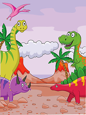 EPS 해외이미지 클립아트 동물 캐릭터 백그라운드 일러스트 미소 풍경 사람없음 컬러풀 공룡 화산 카툰스타일 익룡 해외202004 해외일러스트 일러캐릭터 컬러 파충류 산 표정 파일형식 벡터 이미지허브