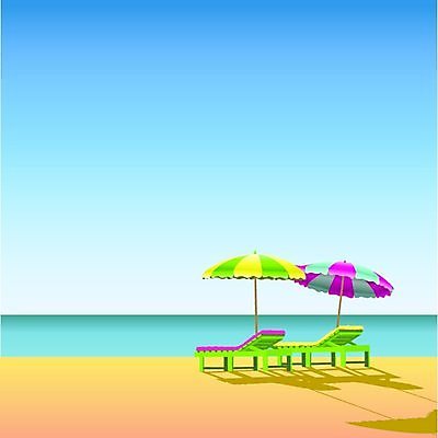 EPS 해외이미지 하늘색 일러스트 하늘 휴식 해변 사람없음 모래사장 파라솔 선베드 해외202004 해외일러스트 바다 컨셉 의자 파란색 파일형식 벡터 이미지허브