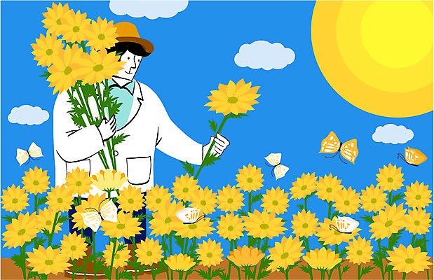 식물 동물 구름 직업 남자 꽃 나비 곤충 일러스트 하늘 직장 한명 들기 사람 상반신 성인 태양 구직 업무 작업실 전문직 일자리 원예가 남자만 남자한명만 성인남자만 성인만 국내일러스트 AI파일 자연요소 1 컨셉 회사 비즈니스 모션 작업 파일형식 벡터