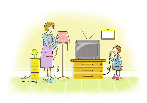 전신 PSD 라이프스타일 여자 어린이교육 교육 남자 어린이라이프 아들 어린이 가구 액자 일러스트 엄마 전등 서기 들기 안전 사람 소년 성인 두명 라이프 텔레비전 앞치마 스탠드 콘센트 플러그 코드 전기에너지 서랍장 예방 생활안전 안전수칙 규칙 안전교육 전기절약 국내일러스트 생활용품 가족 모션 조명 생활 전자제품 에너지 파일형식