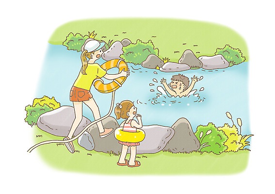 전신 PSD 식물 라이프스타일 여자 어린이교육 교육 남자 어린이라이프 어린이 일러스트 물놀이 서기 안전 사람 소녀 소년 잔디 성인 라이프 세명 돌_바위 바위 풀 개울 위험 예방 생활안전 안전수칙 규칙 빠짐 안전교육 안전요원 구명부환 국내일러스트 컨셉 모션 놀이 생활 강 안전장비 튜브 파일형식