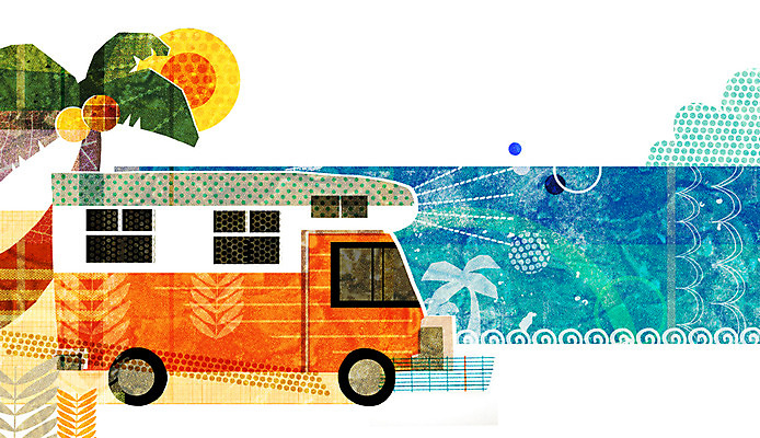 PSD 나무 식물 계절 교통수단 바다 백그라운드 일러스트 자동차 자연 풍경 해변 사람없음 여름 야자수 태양 여름풍경 캠핑 캠핑카 국내일러스트 자연요소 육상교통 교통 레저 생태계 파일형식 여름_계절