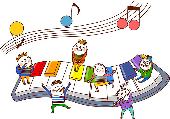 전신 여자 어린이교육 교육 남자 어린이 악기 음악 연주 음표 일러스트 노래 서기 사람 소녀 소년 여러명 친구 건반 피아노 건반악기 오선지 어린이만 국내일러스트 AI파일 기호 다수 관계 모션 문화예술 악보 오선 파일형식 벡터