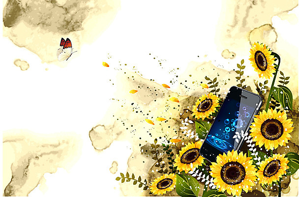 식물 동물 꽃 컬러 나비 곤충 백그라운드 잎 꽃백그라운드 일러스트 자연 무선통신 해바라기 정보기술 사람없음 전자제품 스마트폰 핸드폰 퓨전 국내일러스트 AI파일 통신 기술 스마트기기 생태계 파일형식 벡터