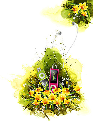 식물 꽃 음악 컬러 이어폰 음향기기 백그라운드 잎 꽃백그라운드 일러스트 노래 자연 정보기술 사람없음 전자제품 MP3 퓨전 수선화 국내일러스트 AI파일 문화예술 기술 생태계 파일형식 벡터