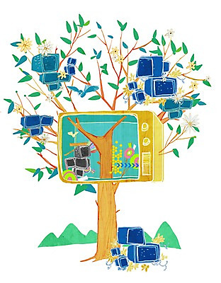 PSD 나무 식물 일러스트 상상 나뭇잎 산 상상일러스트 사람없음 전자제품 판타지 텔레비전 꿈 나뭇가지 스마트 언론 소통 콘텐츠 국내일러스트 컨셉 잎 파일형식