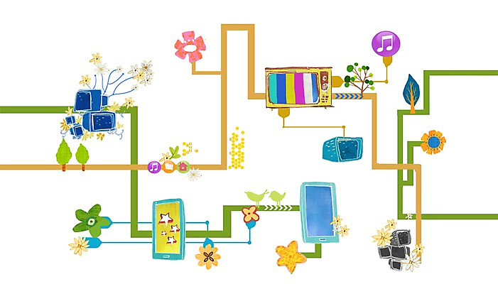 PSD 나무 식물 꽃 선 음표 일러스트 상상 무선통신 상상일러스트 사람없음 스마트폰 핸드폰 판타지 스크린 텔레비전 꿈 회로판 연결 스마트 언론 영상 소통 콘텐츠 회선 국내일러스트 기호 음악 컨셉 통신 전자제품 스마트기기 네트워크 파일형식