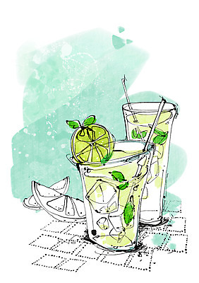 PSD 식기 음료 음식 백그라운드 과일 라인일러스트 일러스트 디저트 잔 빨대 사람없음 장식 컵 얼음 주스 라임 모히토 국내일러스트 자연요소 칵테일 파일형식